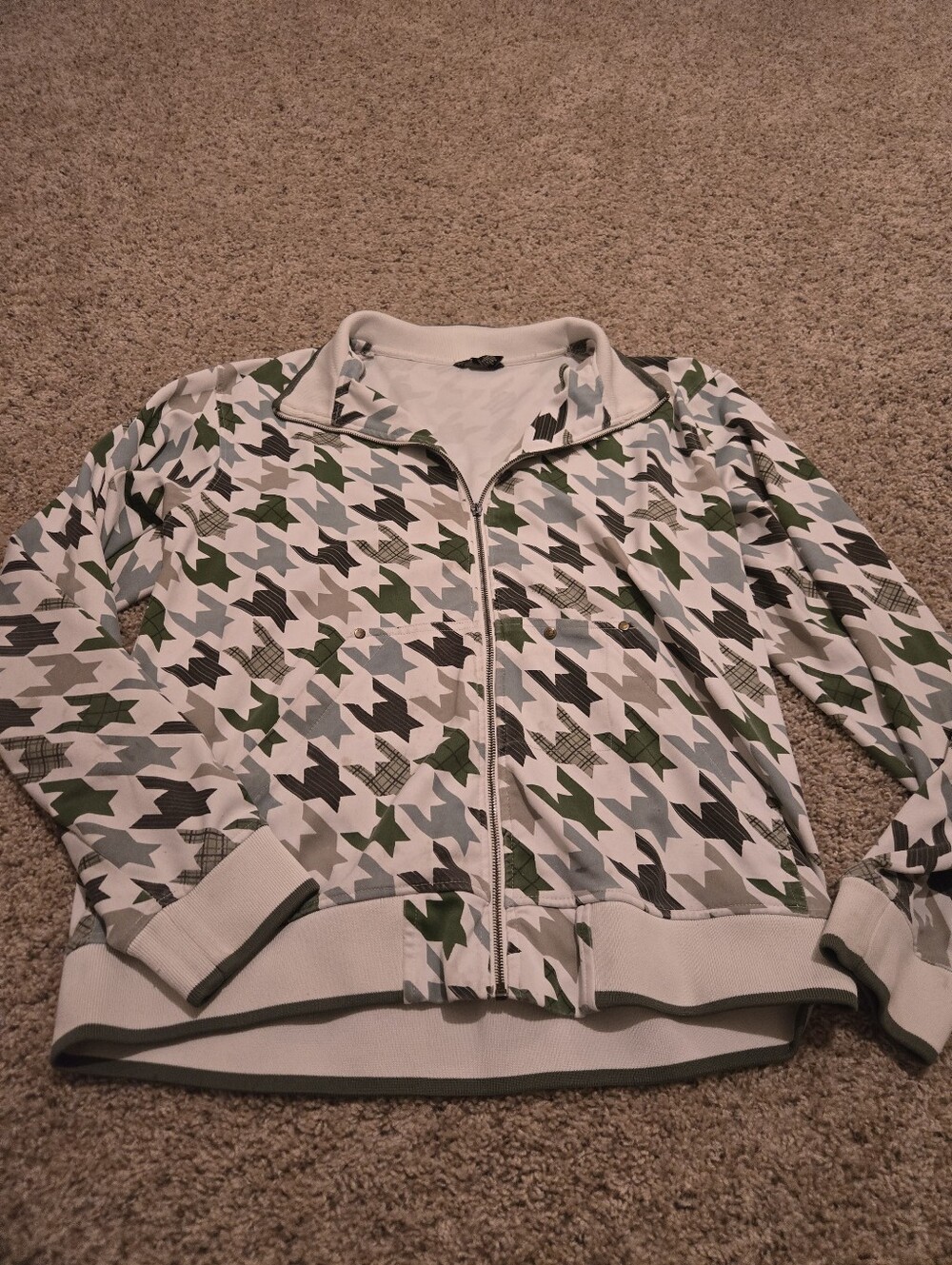 Empyre Mens  Houndstooth Zip-Up  Jacket in White, Green & Gray